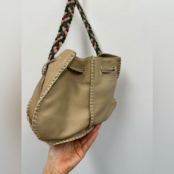 Valerie Steven’s Beige Leather Small Bucket Shoukder Bag Braided Leather Strap - Picture 11 of 16